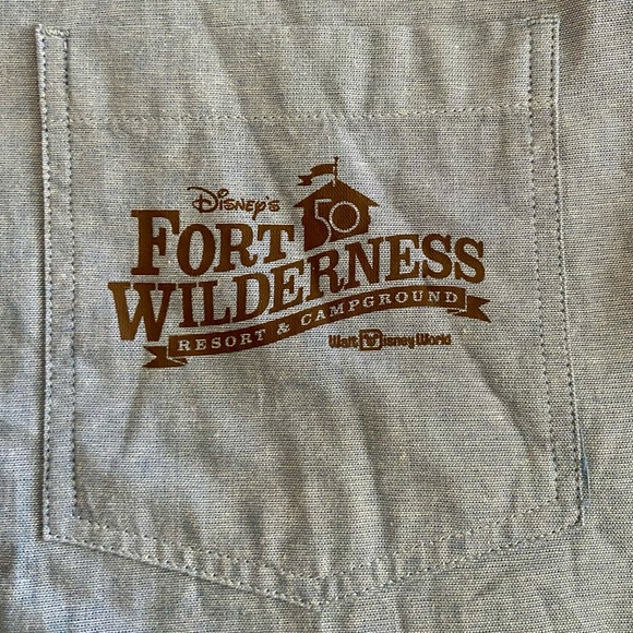 NEW Disney Parks Shirt Adult L Blue Fort Wilderness 50th Mickey Mouse Button Up - Picture 4 of 6